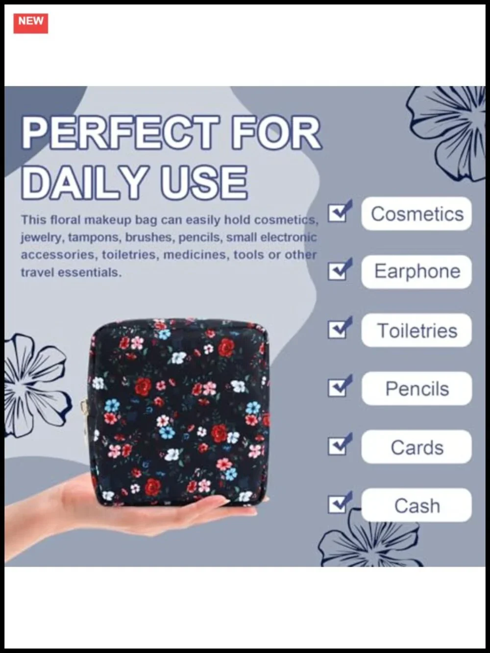 Waterproof Floral Makeup Bag Nylon Cosmetic Travel Pouch Organizer Cute Zipper